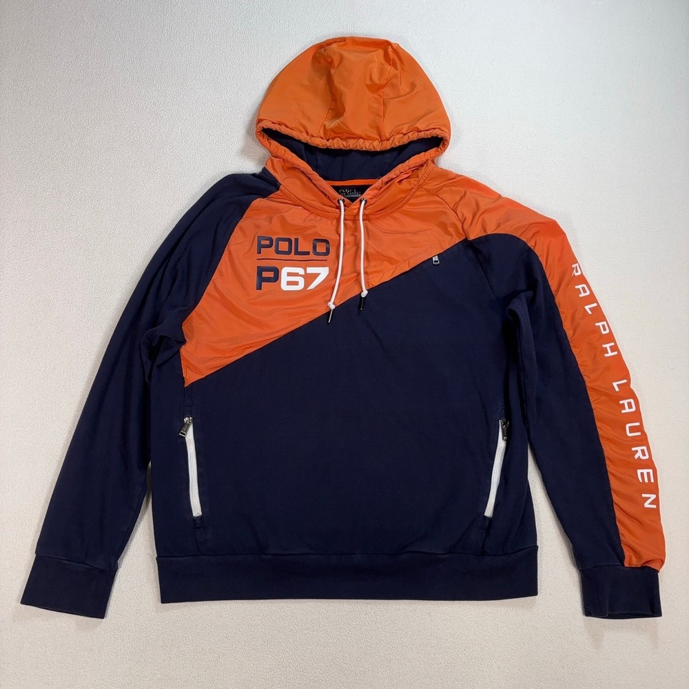 Polo Ralph Lauren Performance P67 Hoodie Men's M Navy Orange Pockets Spellout